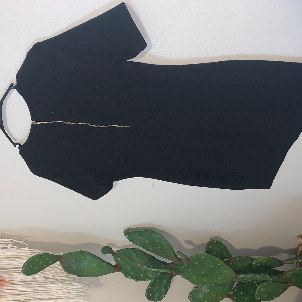 Black pencil dress with gold zipper